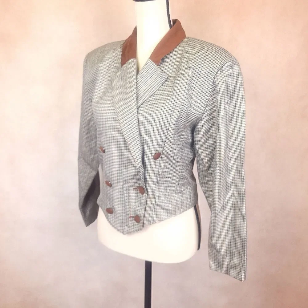 Vintage Marie Claire Houndstooth Two Button Cropped Blazer Suit Jacket Brown